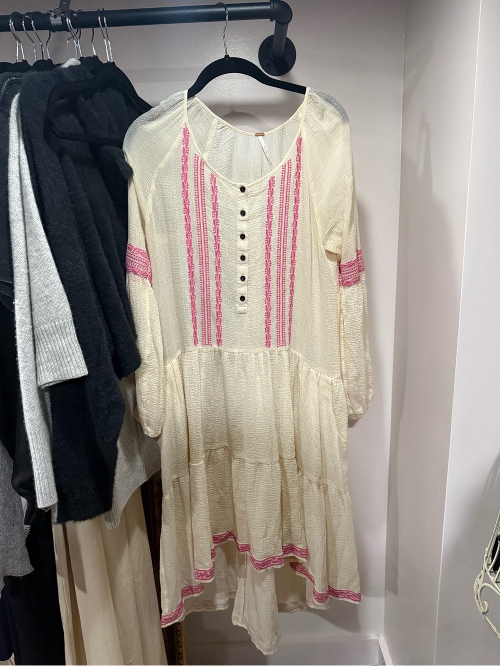 Free People Cream Tiered Midi Dress with Pink Embroidery